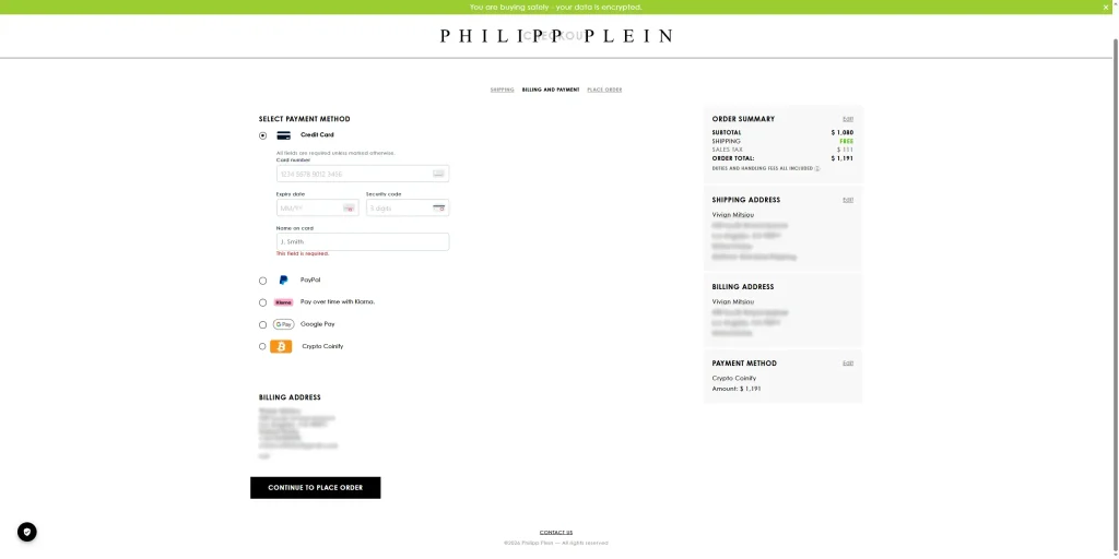 Philipp Plein checkout flow, step 2: payment methods, with $111 sales tax added and a new total of $1,191