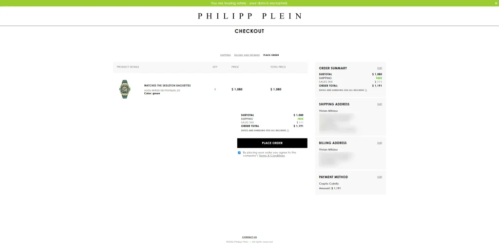 Philipp Plein checkout flow, step 3: order review with a $1,191 total above the Place Order button