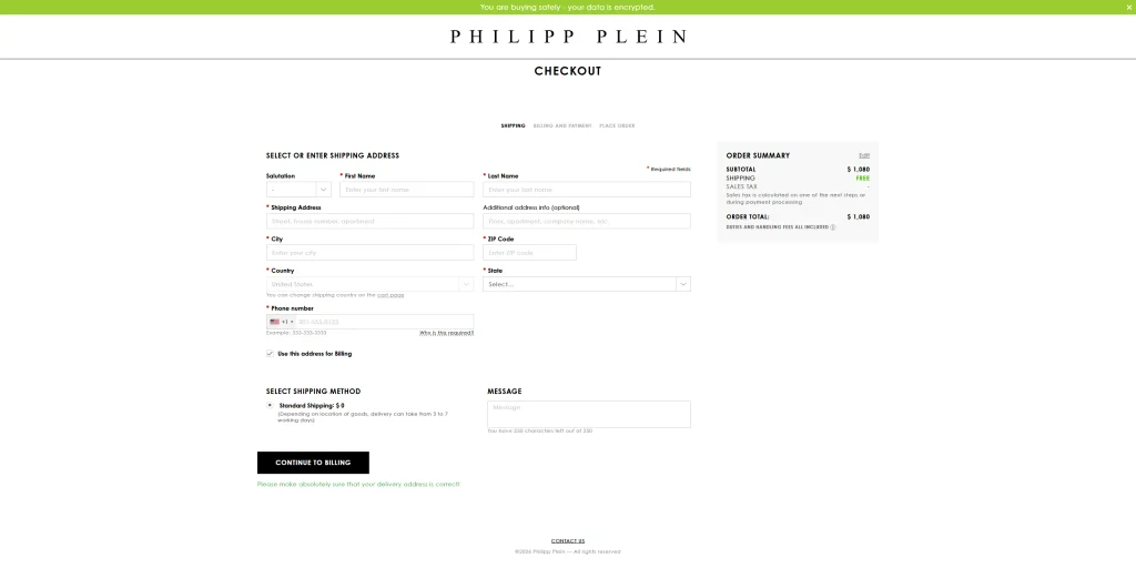 Philipp Plein checkout flow, step 1: shipping form with a $1,080 order total and sales tax not yet shown